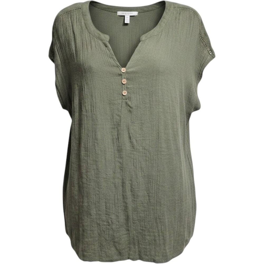Per Seption Womens Olive Green short‎ sleeve mixed media top blouse PLUS 2XL